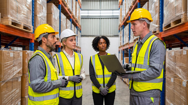 Diverse warehouse team meeting for a logistics briefing with a laptop in a spacious industrial storage facility.