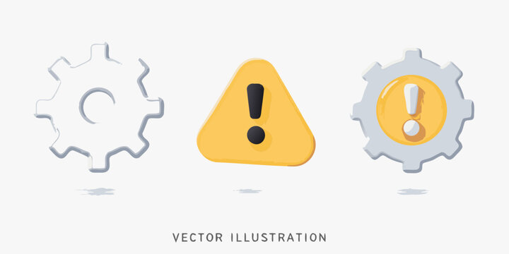 Three isometric icons gears and a warning sign vector illustration