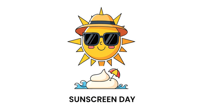 Cartoon sun wearing sunglasses hat.
