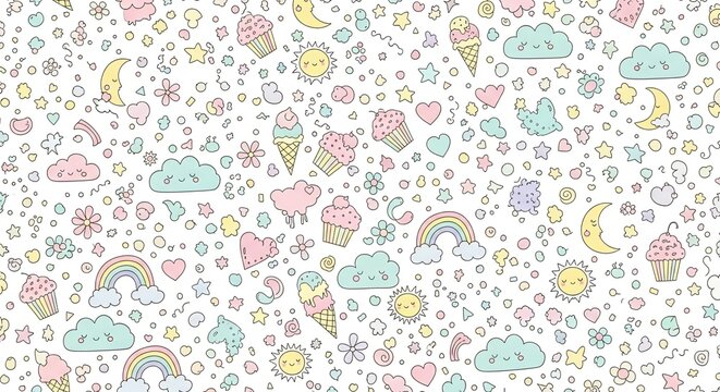 Seamless pattern of cute cartoon clouds and sweets