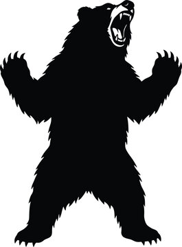 A fierce aggressive grizzly bear silhouette vector illustration featuring a roaring wild predator standing on its hind legs with open jaws