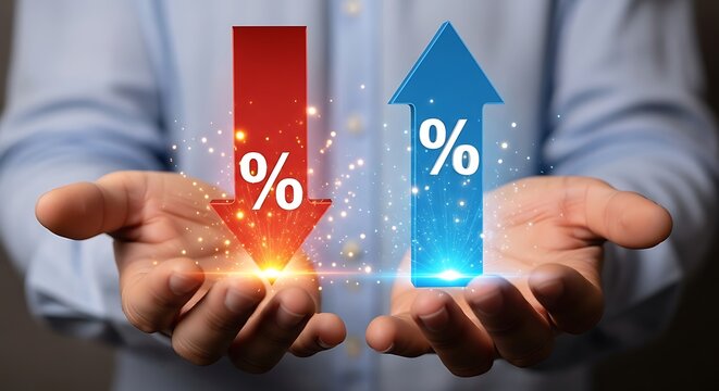 Hands holding red and blue percentage arrows with glowing effects