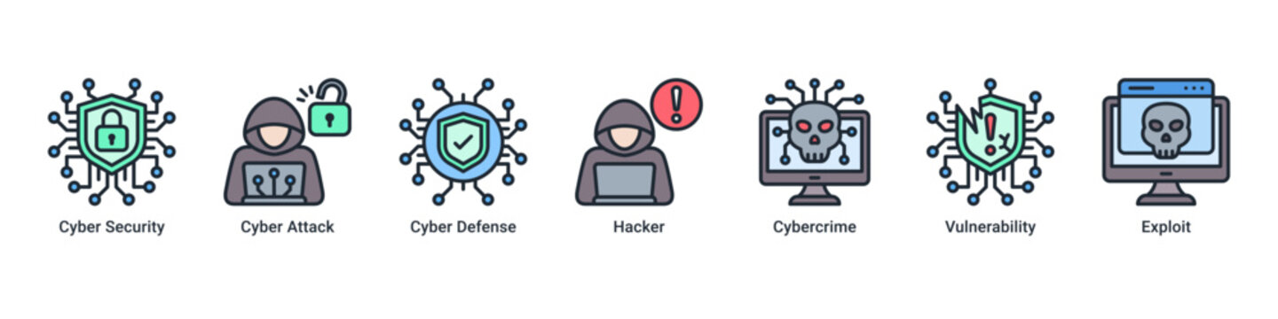 Cyber Defense web banner icon vector illustration with icons of Cyber Security,Cyber Attack,Cyber Defense,Hacker,Cybercrime,Vulnerability and Exploit