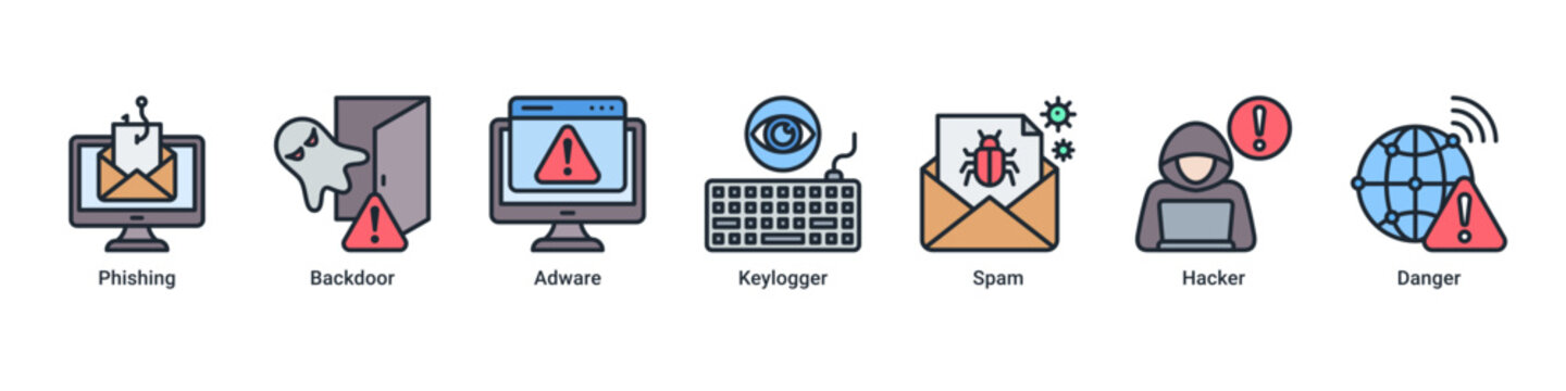 Attack Prevention web banner icon vector illustration with icons of Phishing,Backdoor,Adware,Keylogger,Spam,Hacker and Danger