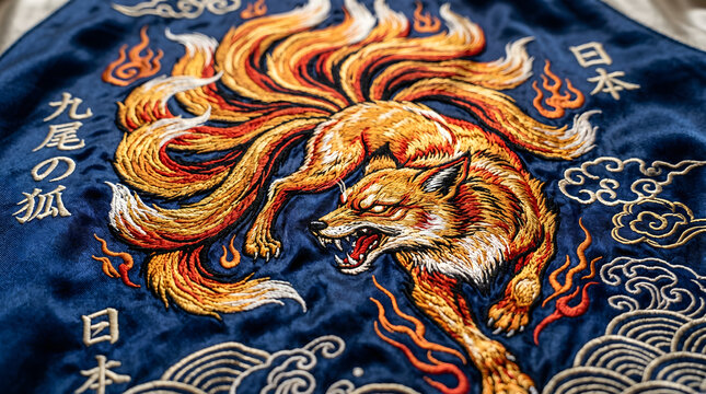 Intricate nine tailed fox embroidery on navy blue fabric featuring vibrant golden threads and traditional folklore japanese kanji text style art