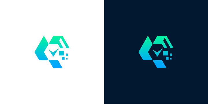 Abstract geometric digital checkmark logo design on white and dark backgrounds for technology and business concepts