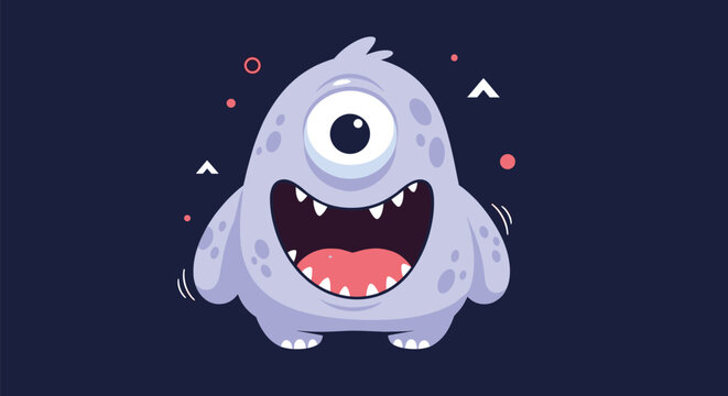 Cute purple one eyed monster character with a big open mouth and sharp teeth in a playful cartoon illustration for kids themes.
