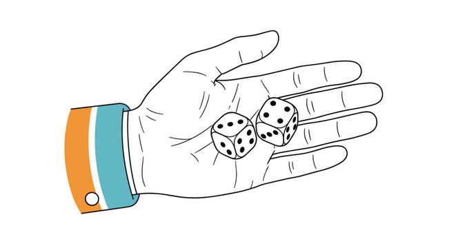Line art illustration of a hand holding two dice showing four and five dots on their faces for gaming and gambling concepts.