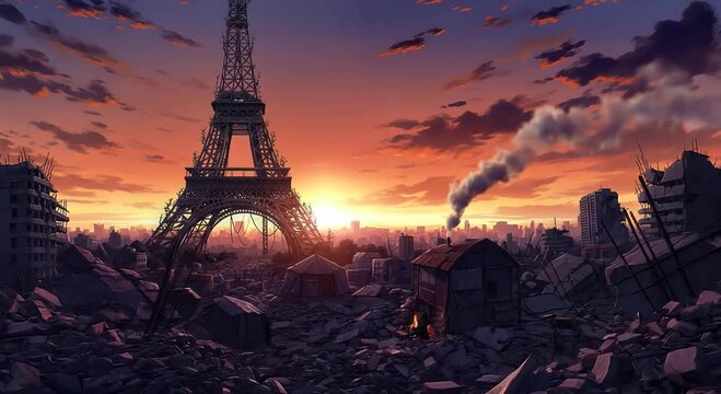 paris ruins at sunset with eiffel tower silhouette in post apocalyptic cityscape