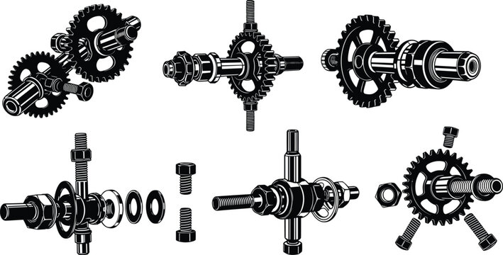 Mechanical gear assembly exploded view set with industrial machine parts, engineering components, and technical breakdown illustration isolated on white background