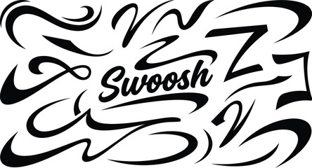 Obraz premium A collection of various black swoosh vector graphic design elements featuring dynamic flowing curves and stylized abstract motion stroke shapes