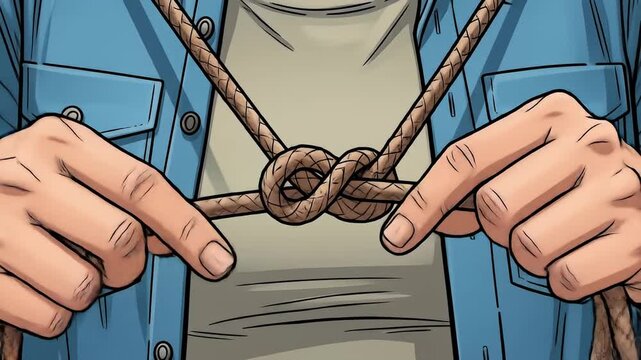 Cartoon illustration of hands tying knot in a brown braided rope against blue shirt