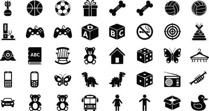 Mega set of black vector icons featuring school bus silhouettes ABC blocks teddy bears dinosaurs rocking chairs and childhood toys for nursery design and educational materials