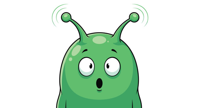 Surprised green alien character with long antennas and wide eyes looking directly at the viewer in a fun space themed cartoon illustration.