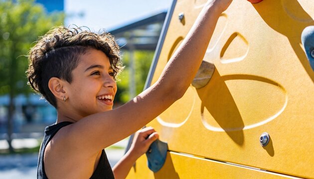 Smiling child climbing a yellow wall at an outdoor playground. Happy kid with undercut hairstyle bouldering in a park. Active lifestyle and childhood fun concept