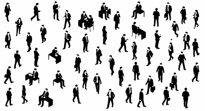 isometric business people vector set showing a crowd of corporate professionals in various work-related poses