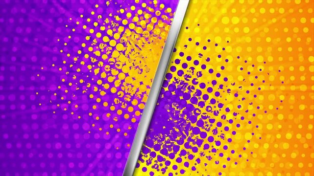 Abstract violet and orange versus background with silver metallic divider, halftone dot patterns, and grunge texture. Sport motion design. Seamless loop. Video animation Ultra HD 4K 3840x2160