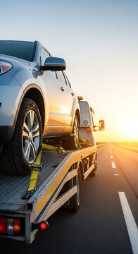 Silver S U V being towed on flatbed truck at sunset on highway