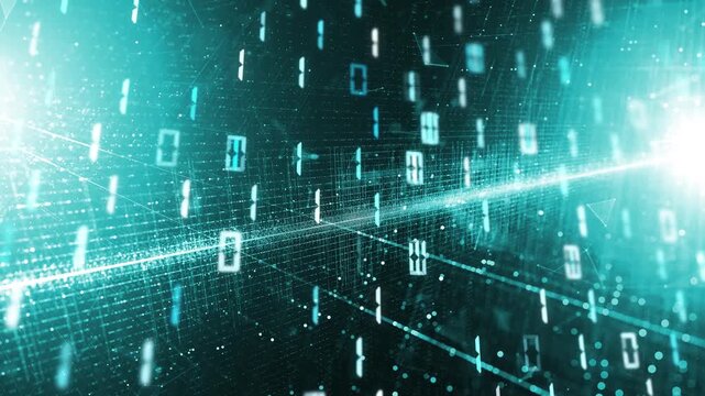 Turquoise blue loop digital technology lines and binary data motion network animation background.