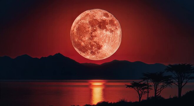 red moon over tranquil lake with silhouetted mountains at dusk