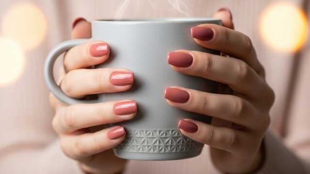Woman holding pink coffee mug.