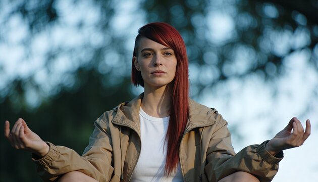 Young woman with red hair meditating in a park. Mindfulness and outdoor wellness concept. Female in yoga pose with mudra hands. Summer fitness outdoors