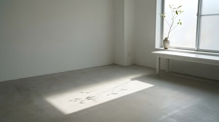 Fototapeta premium Minimalist empty room with concrete floor, bright sunlit interior with window shadow, zen aesthetic studio space with white walls and plant