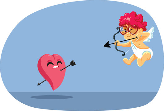 Cupid Pierces a Heart with an Arrow Vector Illustration. Winged Eros angel using bow and arrow to strike 
