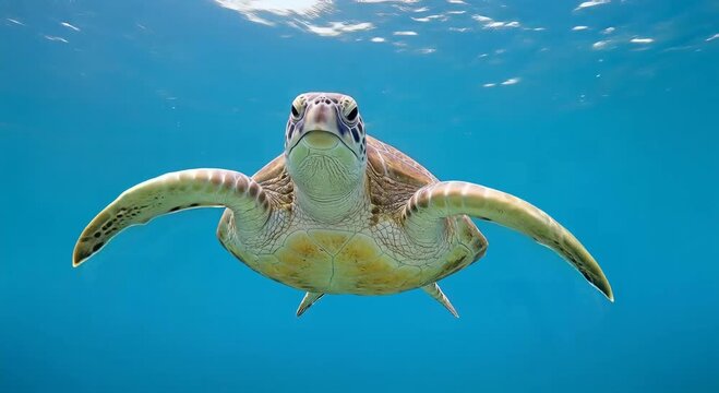 sea turtle swimming underwater in clear blue ocean
