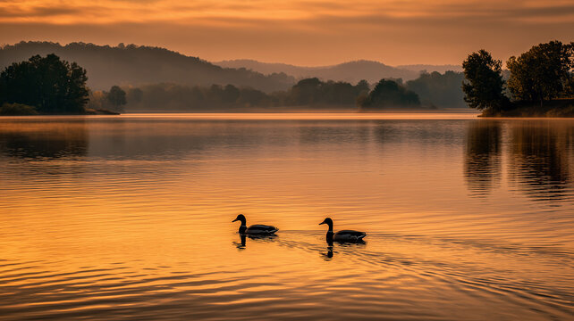 A peaceful waterscape showing two ducks on a placid lake. the scene is illuminated by the low light of either sunrise or sunset, creating a spectrum of orange and yellow tones in the sky. Ai generat