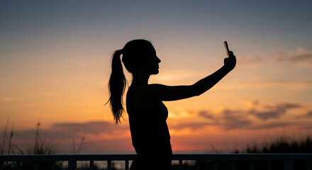Fototapeta premium A silhouette of a woman with her hair in a ponytail takes a selfie with her phone against a beautiful sunset sky.