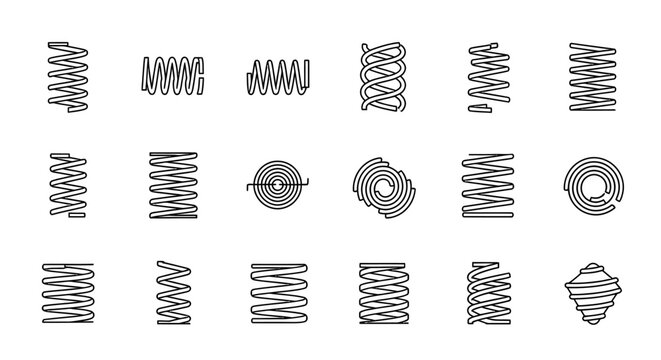 spring coil icons and various helical spring designs illustrating mechanical engineering components for industrial elasticity concepts.