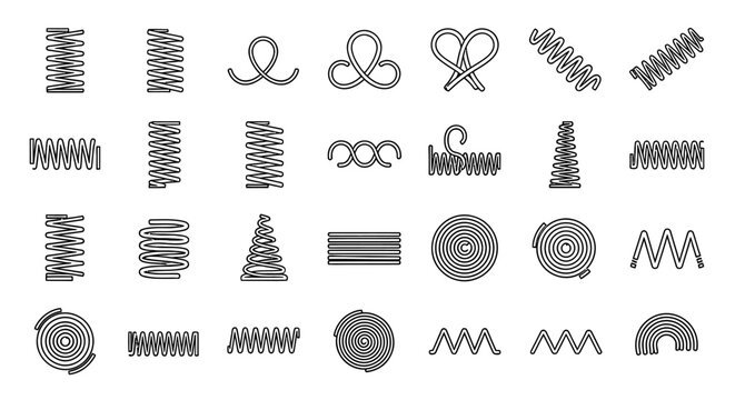 springs coil elastic mechanism and engineering design elements set illustrating various flexible industrial components and forms.
