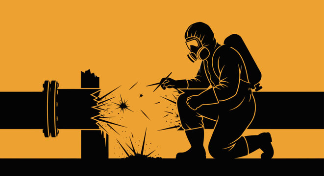 a technician in a hazmat suit carefully inspecting a broken pipe leaking hazardous materials symbolizing environmental safety.