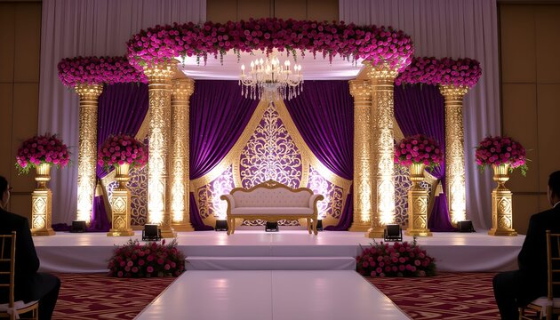 Bangladesh wedding stage decoration with purple and gold royal setup