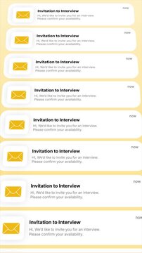 Invitation to Interview email notifications repeat continuously in an animated sequence. Representing recruitment, hiring process, job offers, and digital communication in a modern interface.