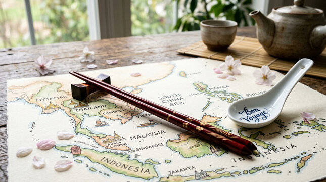 A map of Southeast Asia with chopsticks and a spoon on a wooden table in a cozy setting