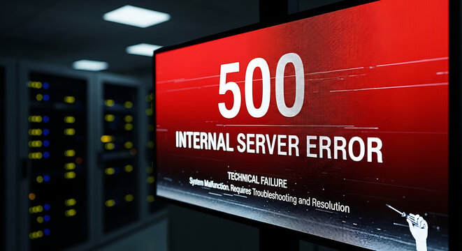 Digital LED screen displaying a critical internal server error 500 alert message signifying a major technical database failure system glitch network crash and online connectivity issue backdrop