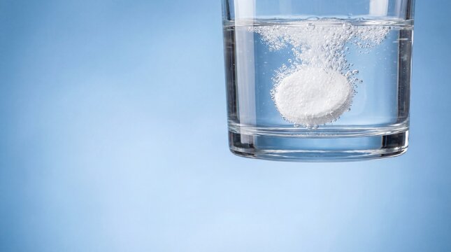 Effervescent tablet dissolving in a glass of water on blue background