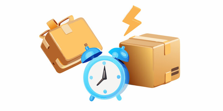 Packages a clock and a lightning bolt illustrate speedy delivery times
