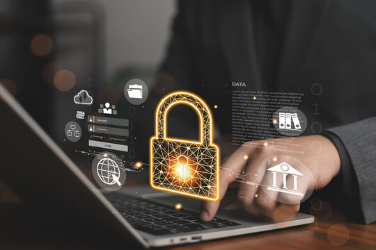 Cybersecurity protection concept with secure login authentication, encrypted data access, digital lock interface, and online banking security system for privacy protection safe financial technology