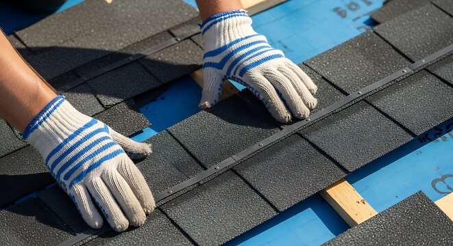 Hands installing black asphalt roof shingles with blue underlayment