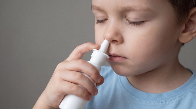 child using nasal spray on their nose while on a grey background