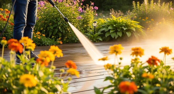 Person pressure washing wooden deck surrounded by blooming flowers in garden