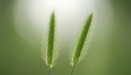 Fototapeta premium Close-up of two green foxtail grass seed heads backlit by soft light against a blurred green background. Elegant and natural.