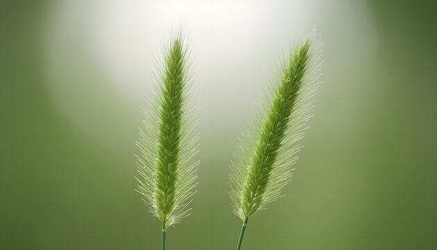 Close-up of two green foxtail grass seed heads backlit by soft light against a blurred green background. Elegant and natural.