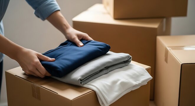 Hands folding clothes into cardboard box during packing process