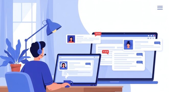 Remote worker with headset uses laptop and large computer for online communication
