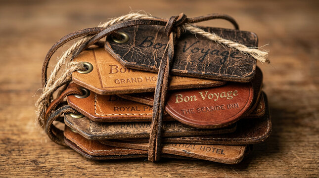 A stack of vintage leather luggage tags tied together with twine on a wooden surface