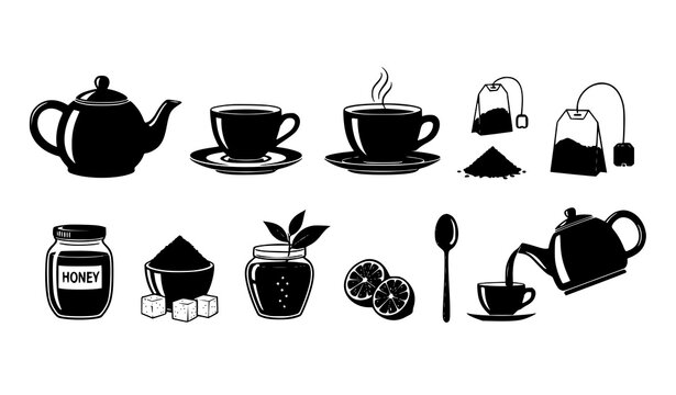 Tea items silhouette vector set with teapot teacup kettle and accessories isolated on white background